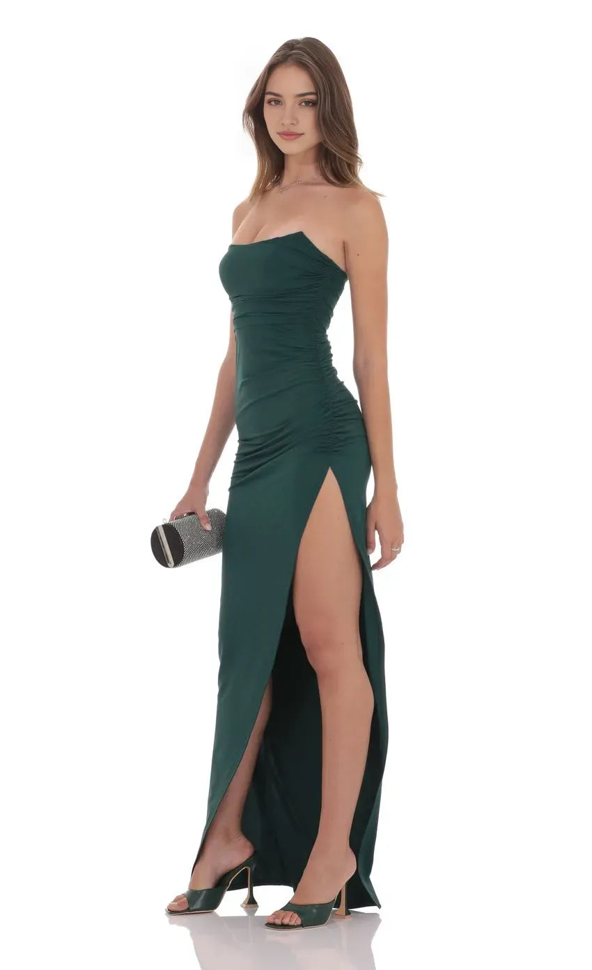 Green Dark Strapless Prom Dress with Ruched Detailing High Side Slit Perfect for Glamorous Nights