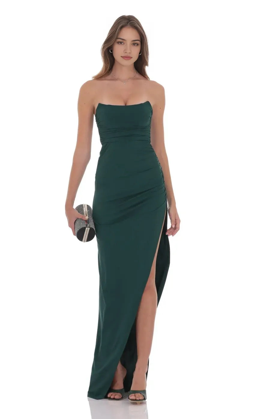 Green Dark Strapless Prom Dress with Ruched Detailing High Side Slit Perfect for Glamorous Nights
