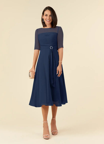 Special Occasion Elegant Chiffon A-Line Short Sleeve Tea-Length Mother of the Bride Dress