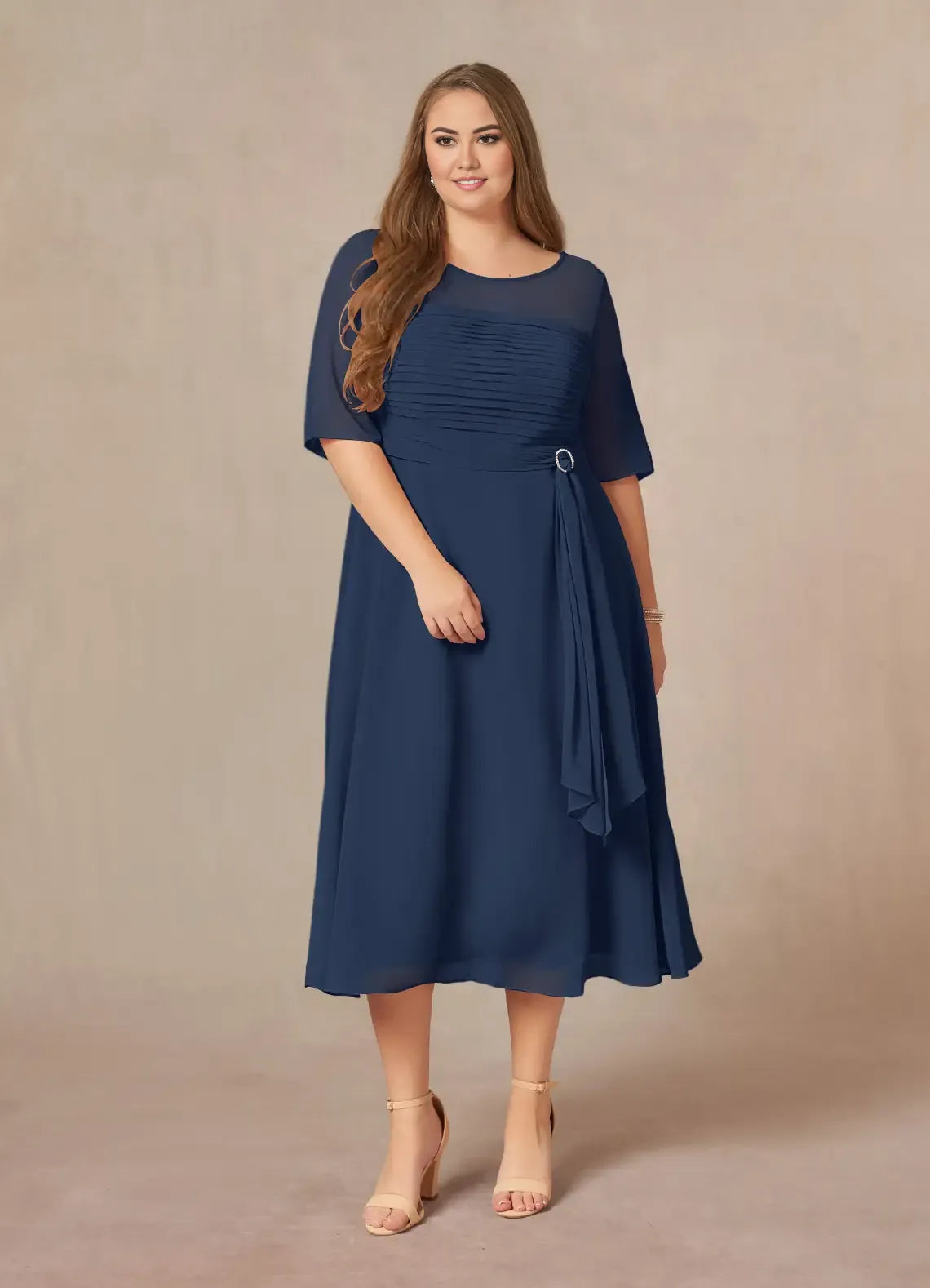 Graceful Elegant Chiffon A-Line Short Sleeve Tea-Length Mother of the Bride Dress