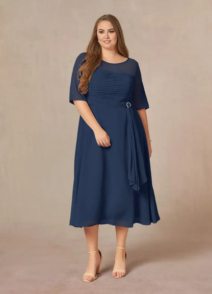 Graceful Elegant Chiffon A-Line Short Sleeve Tea-Length Mother of the Bride Dress