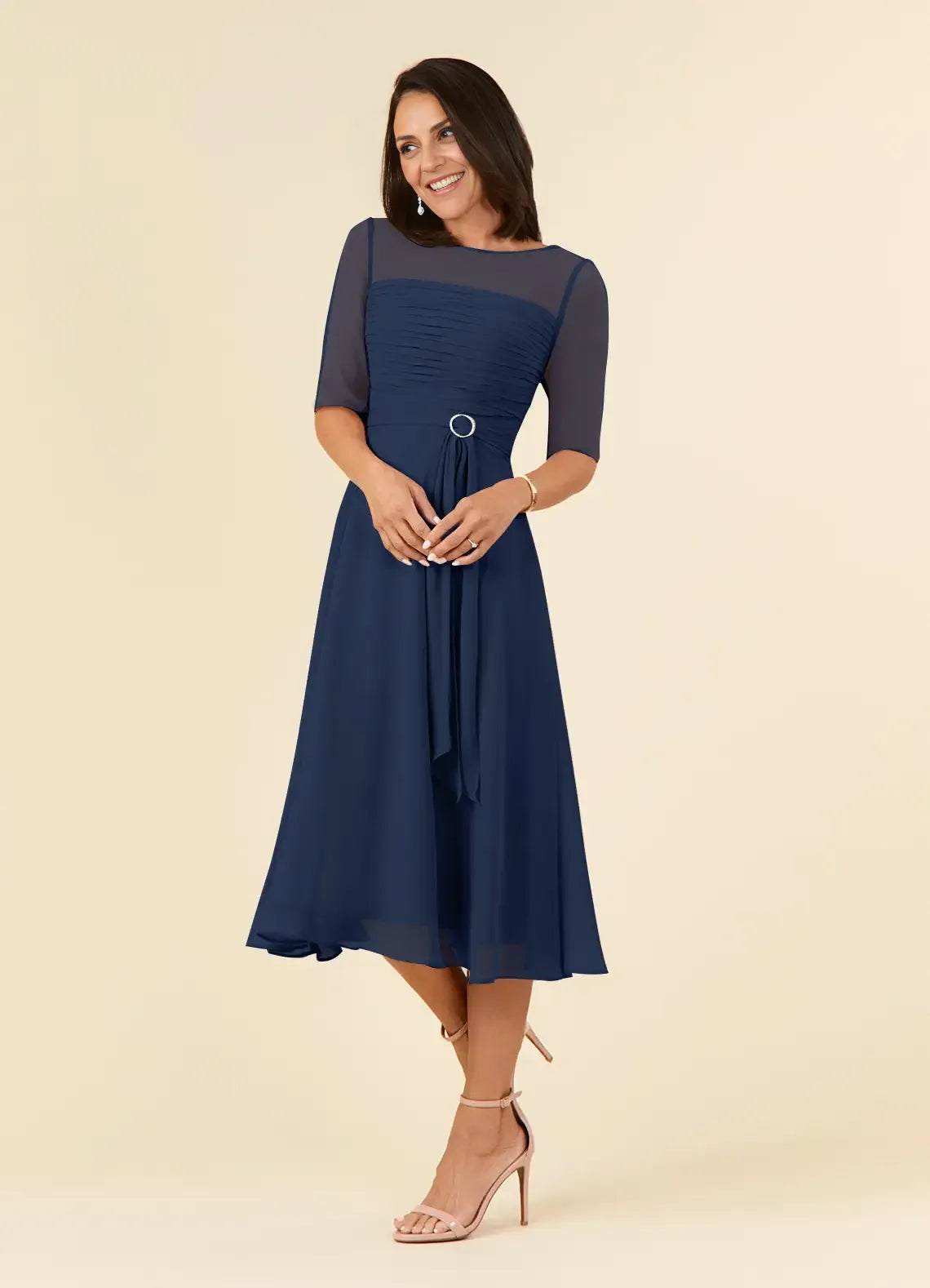 Special Occasion Elegant Chiffon A-Line Short Sleeve Tea-Length Mother of the Bride Dress