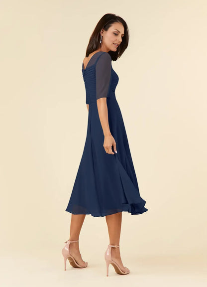 Special Occasion Elegant Chiffon A-Line Short Sleeve Tea-Length Mother of the Bride Dress