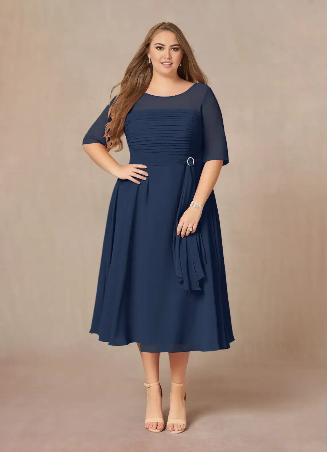 Graceful Elegant Chiffon A-Line Short Sleeve Tea-Length Mother of the Bride Dress
