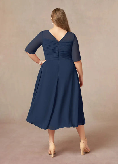 Graceful Elegant Chiffon A-Line Short Sleeve Tea-Length Mother of the Bride Dress