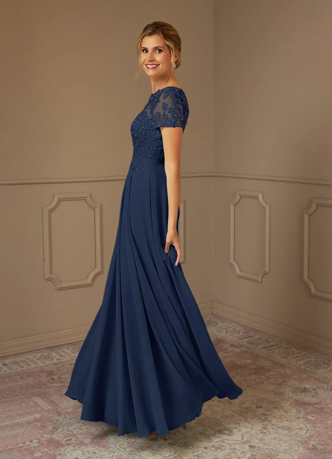 Navy Dark A-Line Illusion Boat-Neck Short-Sleeve Sequins Keyhole-Back Floor-Length Mother of the Bride Dress