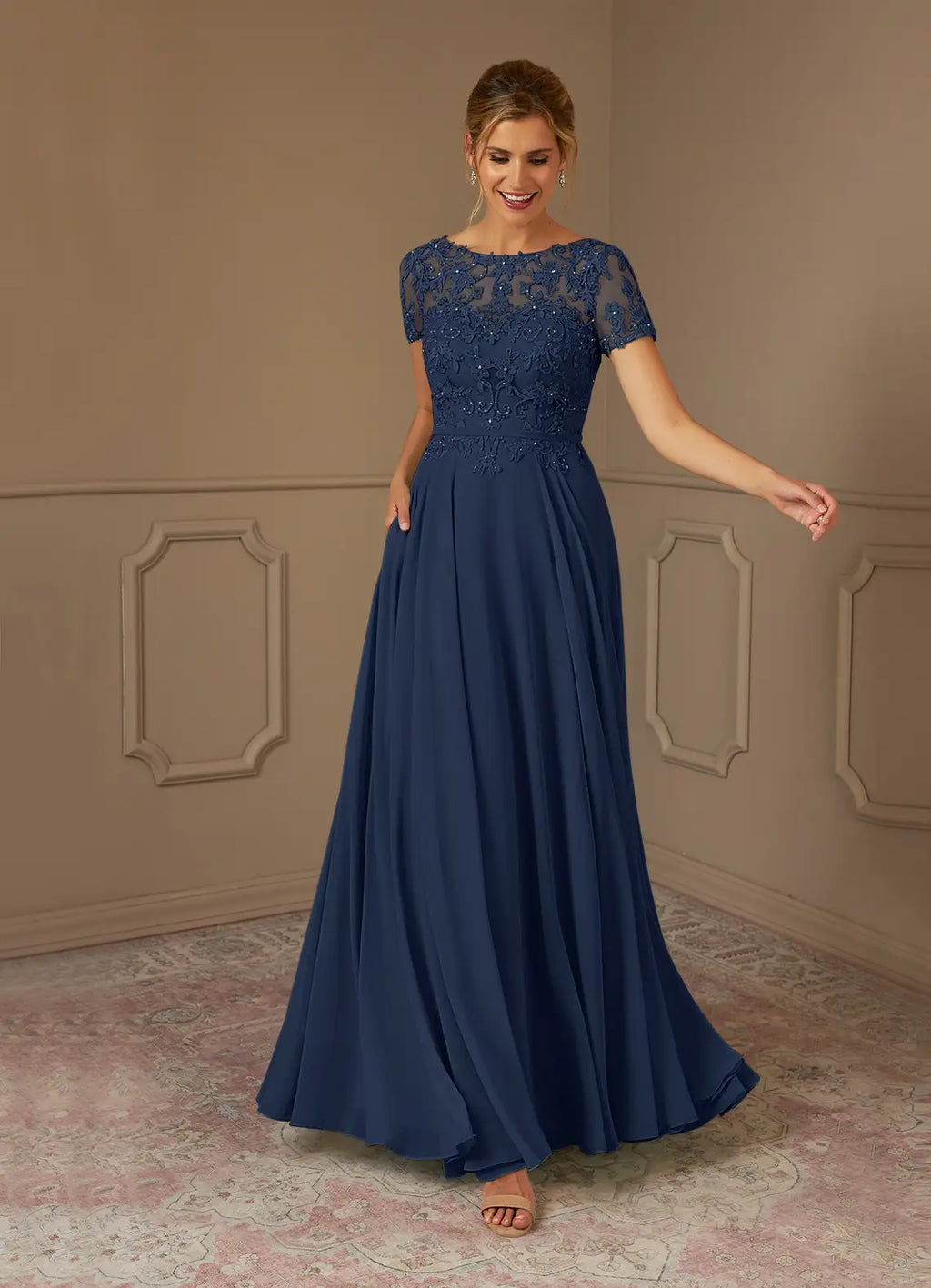 Navy Dark A-Line Illusion Boat-Neck Short-Sleeve Sequins Keyhole-Back Floor-Length Mother of the Bride Dress