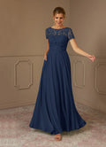 Navy Dark A-Line Illusion Boat-Neck Short-Sleeve Sequins Keyhole-Back Floor-Length Mother of the Bride Dress