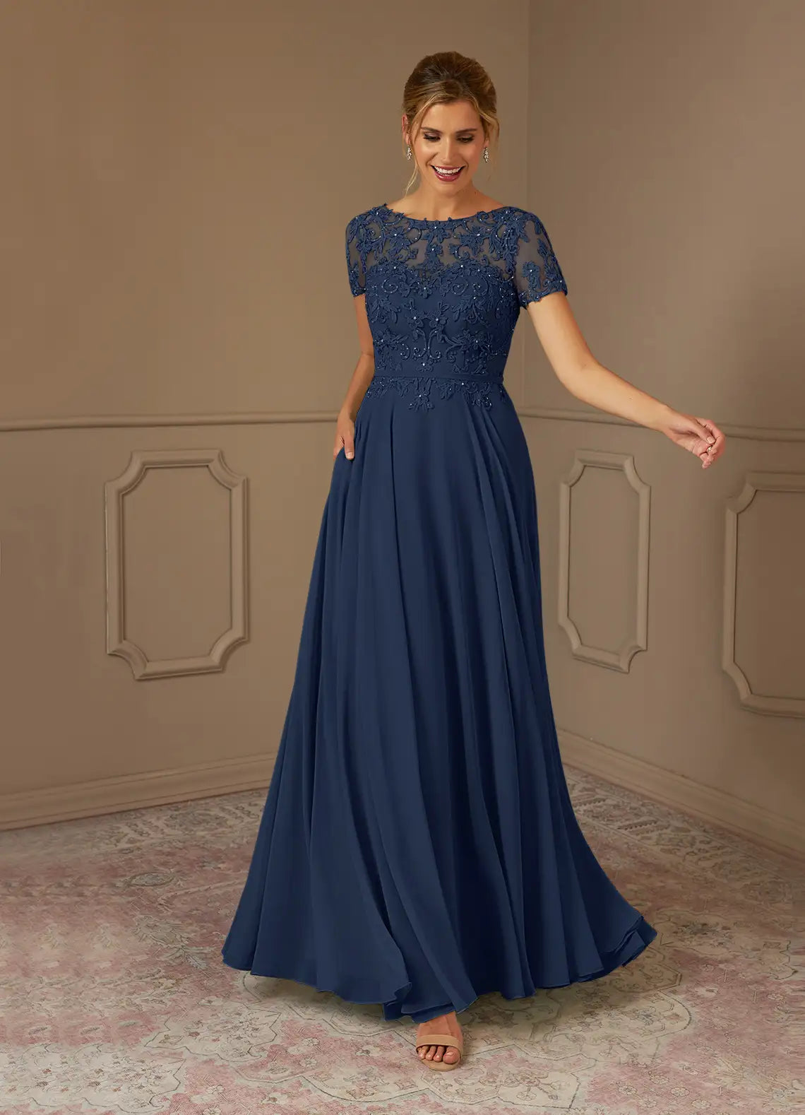 Navy Dark A-Line Illusion Boat-Neck Short-Sleeve Sequins Keyhole-Back Floor-Length Mother of the Bride Dress