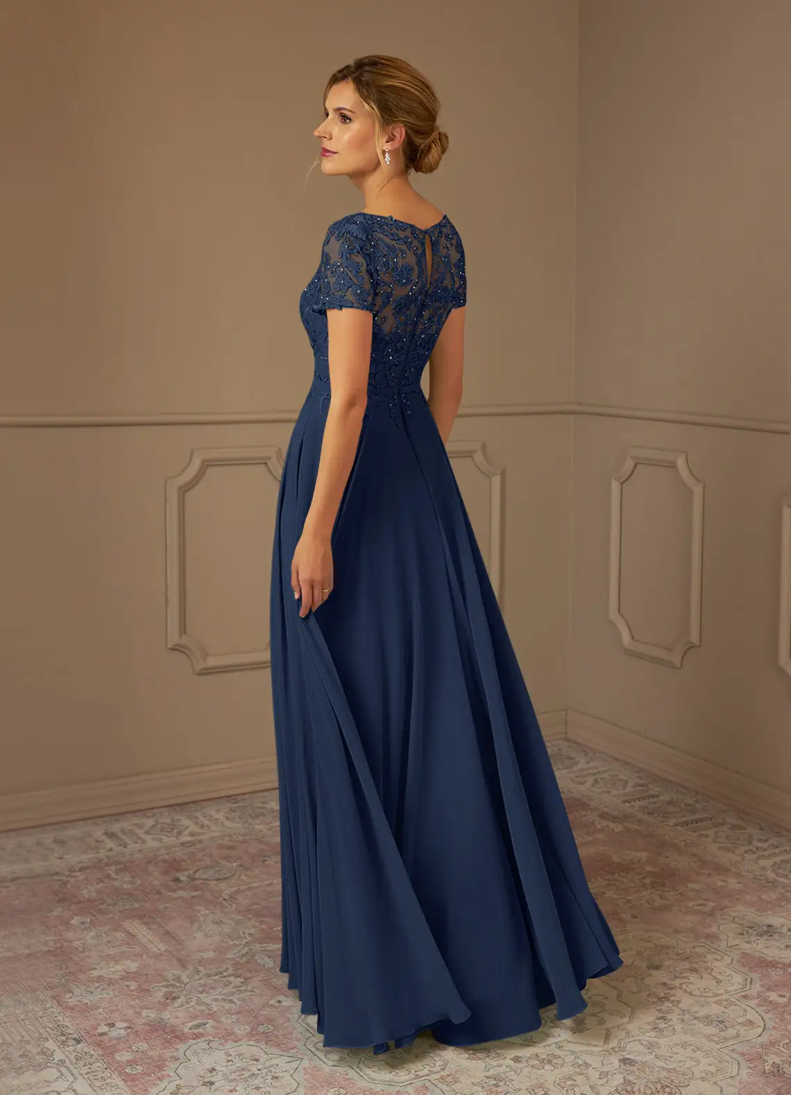 Navy Dark A-Line Illusion Boat-Neck Short-Sleeve Sequins Keyhole-Back Floor-Length Mother of the Bride Dress