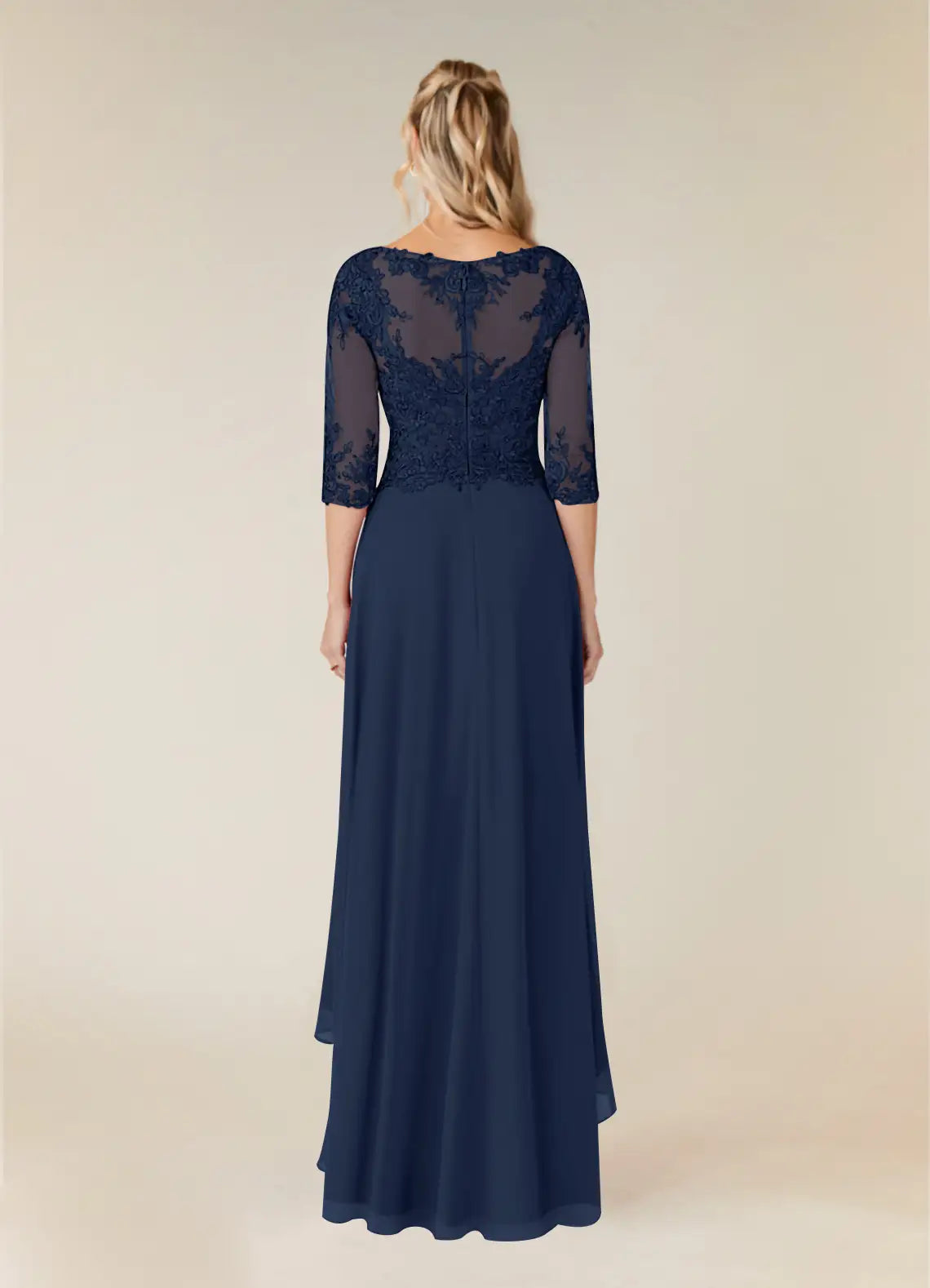 Navy Dark A-Line Blue Mother of the Bride Dress Illusion Neckline Sheer 3/4 Sleeves