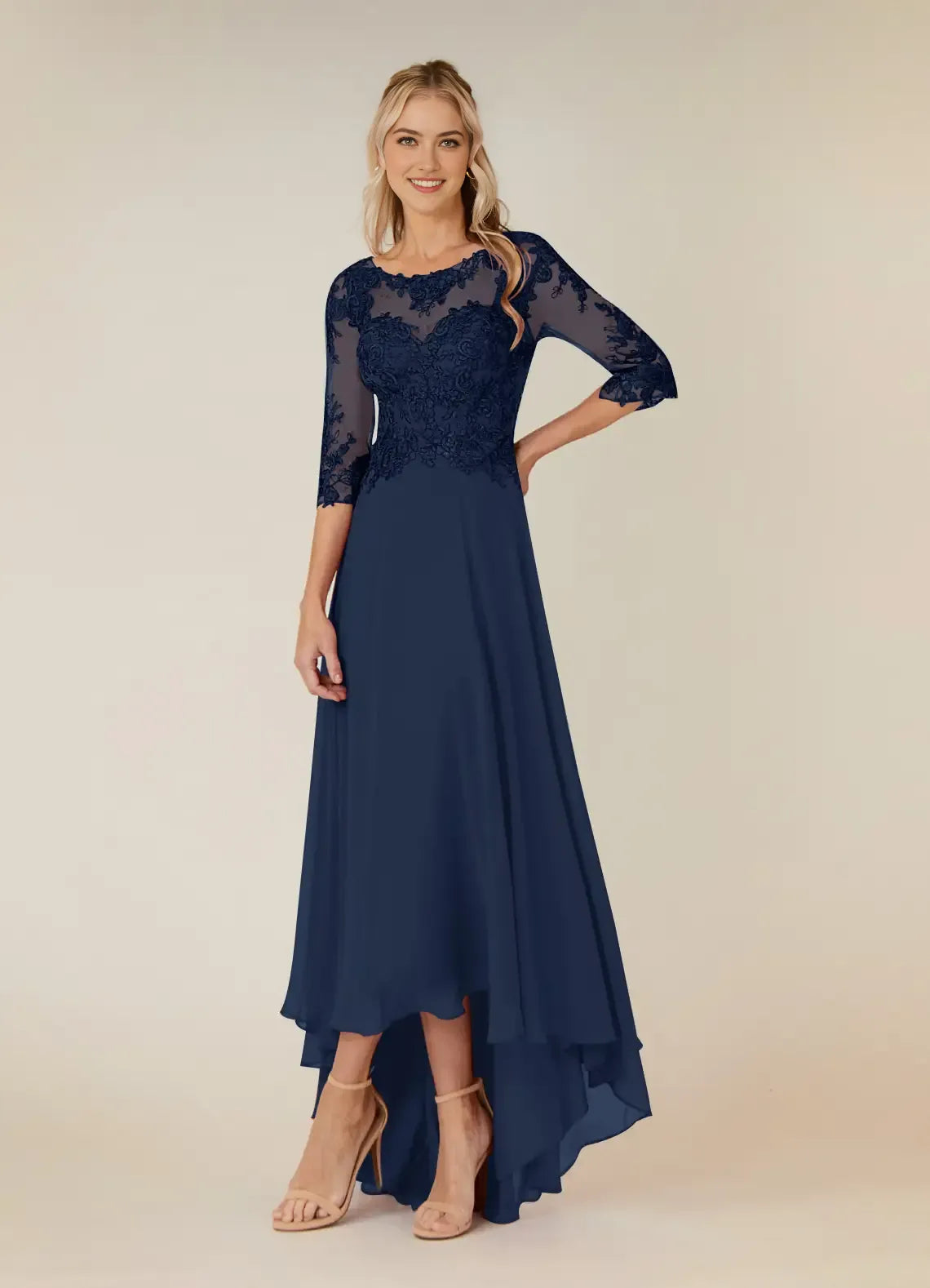 Navy Dark A-Line Blue Mother of the Bride Dress Illusion Neckline Sheer 3/4 Sleeves