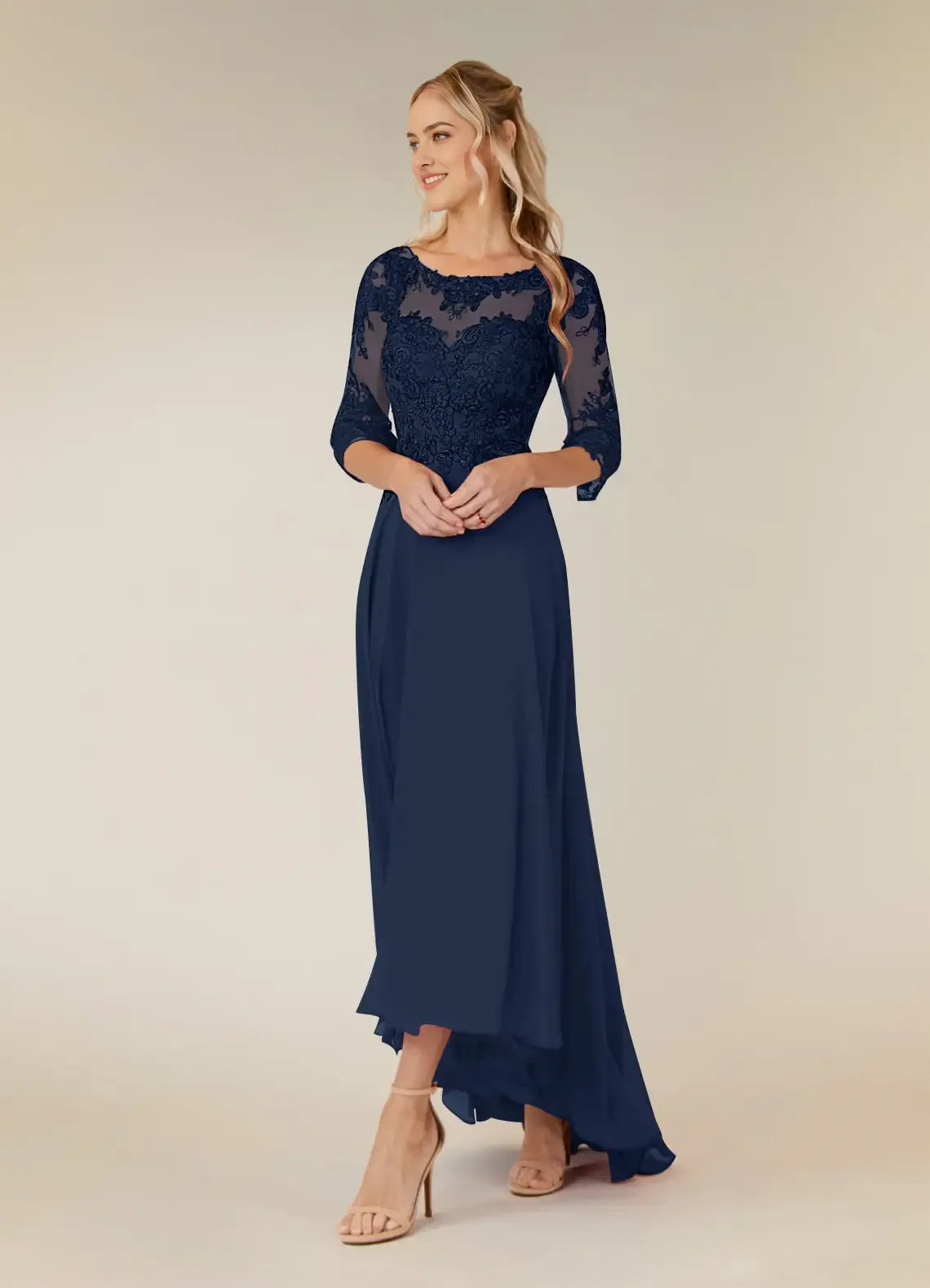Navy Dark A-Line Blue Mother of the Bride Dress Illusion Neckline Sheer 3/4 Sleeves
