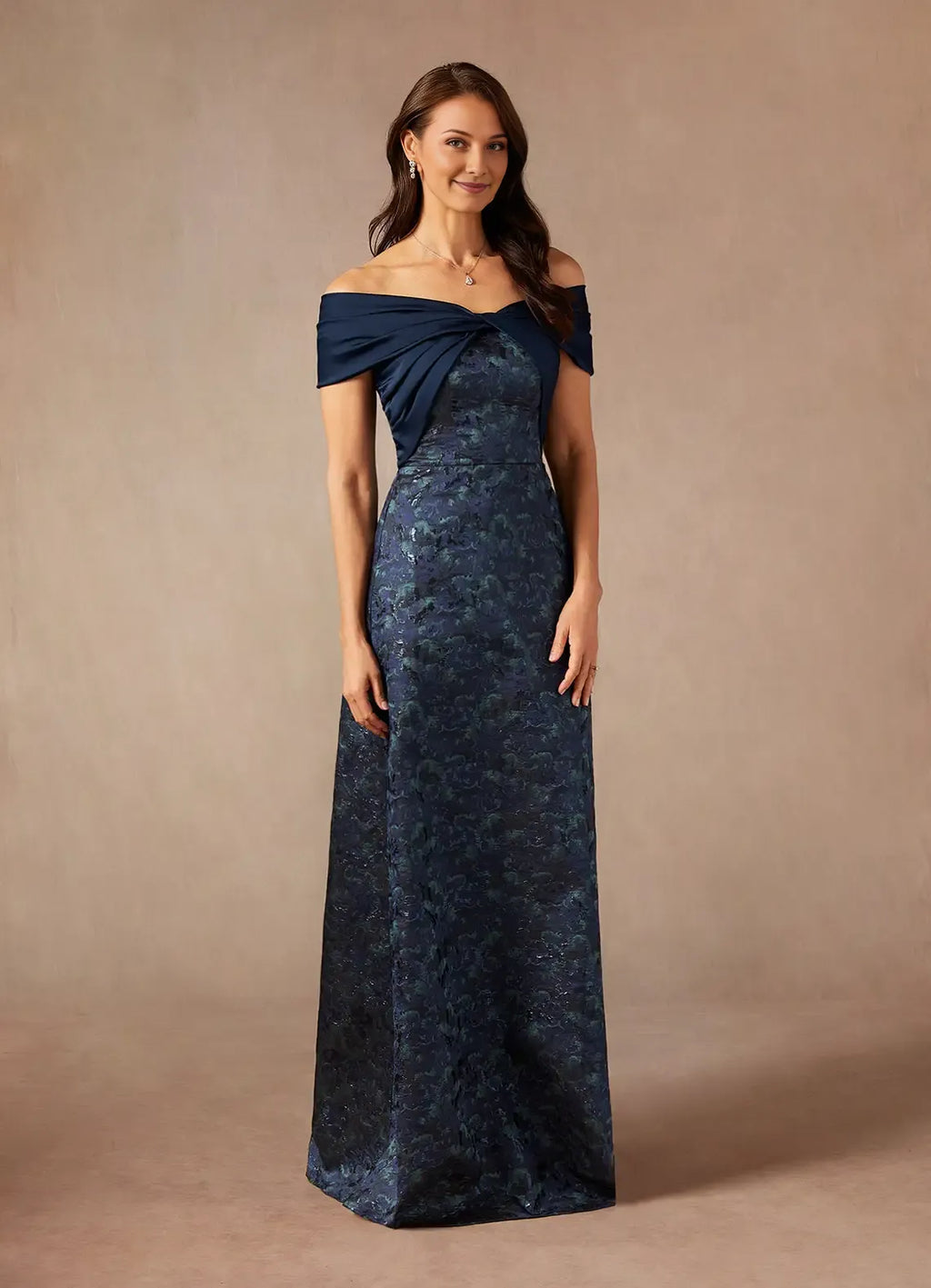 Navy Dark A-Line Off the Shoulder Jacquard Mother of the Bride Dress with Twisted Bodice Overlay and Textured Skirt