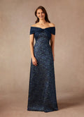 Navy Dark A-Line Off the Shoulder Jacquard Mother of the Bride Dress with Twisted Bodice Overlay and Textured Skirt