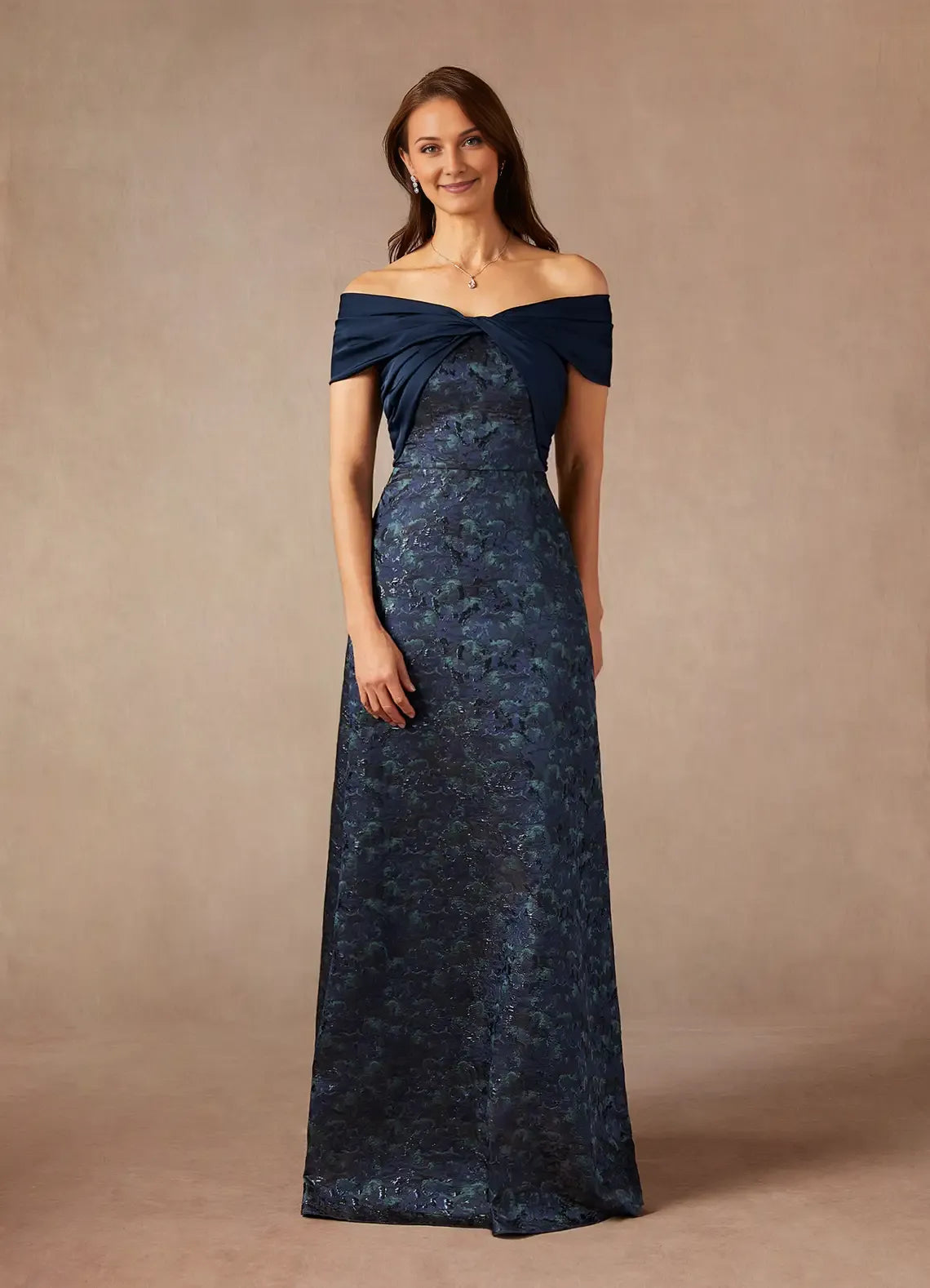 Navy Dark A-Line Off the Shoulder Jacquard Mother of the Bride Dress with Twisted Bodice Overlay and Textured Skirt