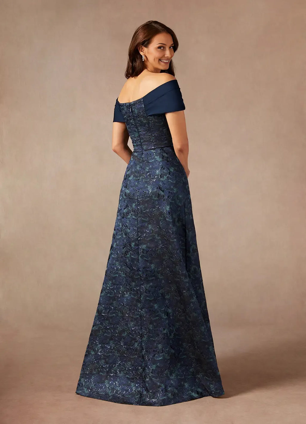 Navy Dark A-Line Off the Shoulder Jacquard Mother of the Bride Dress with Twisted Bodice Overlay and Textured Skirt