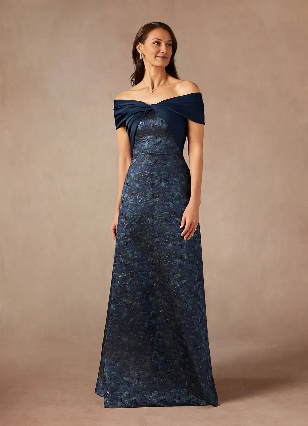 Navy Dark A-Line Off the Shoulder Jacquard Mother of the Bride Dress with Twisted Bodice Overlay and Textured Skirt