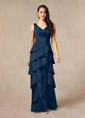 Navy Dark A-Line Pleated Mother of the Bride Dresses for Evening Sleeveless V - Neck Tiered Ruffled Skirt