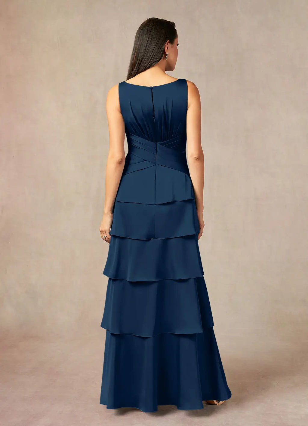 Navy Dark A-Line Pleated Mother of the Bride Dresses for Evening Sleeveless V - Neck Tiered Ruffled Skirt