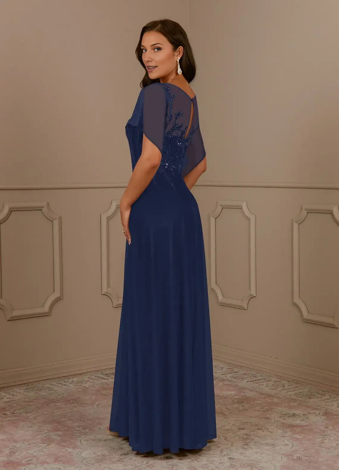 Navy Dark A-Line Sequins Mother of the Bride Dress with Sheer Flutter Sleeves Floral Bodice