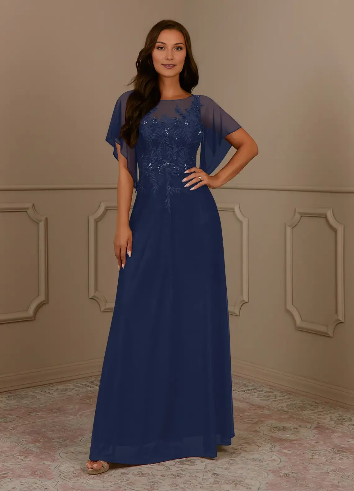 Navy Dark A-Line Sequins Mother of the Bride Dress with Sheer Flutter Sleeves Floral Bodice