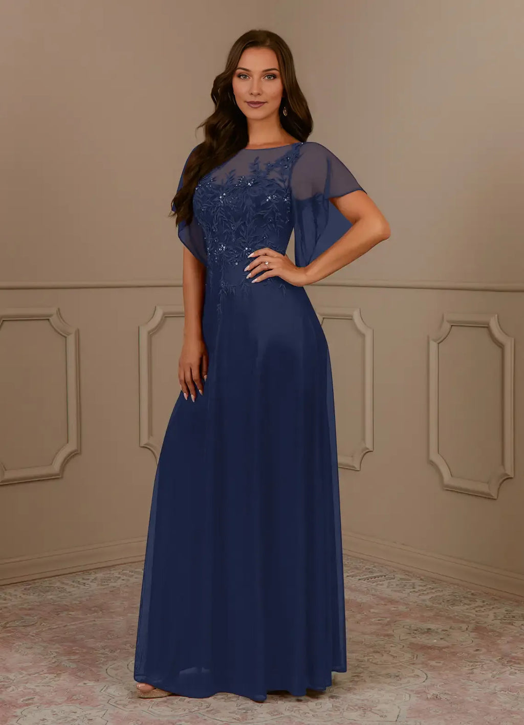 Navy Dark A-Line Sequins Mother of the Bride Dress with Sheer Flutter Sleeves Floral Bodice