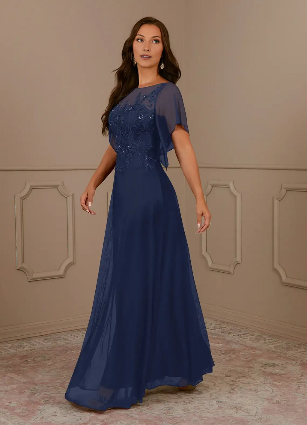 Navy Dark A-Line Sequins Mother of the Bride Dress with Sheer Flutter Sleeves Floral Bodice
