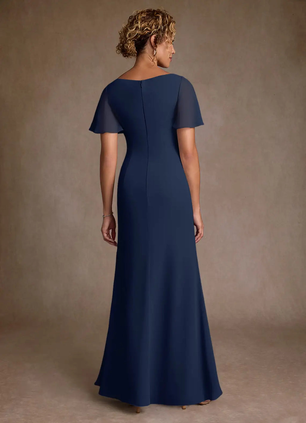 Navy Dark A-Line V-Neck Bell-Sleeve Pleated Back Zip High-Slit Floor-Length Mother of the Bride Dress