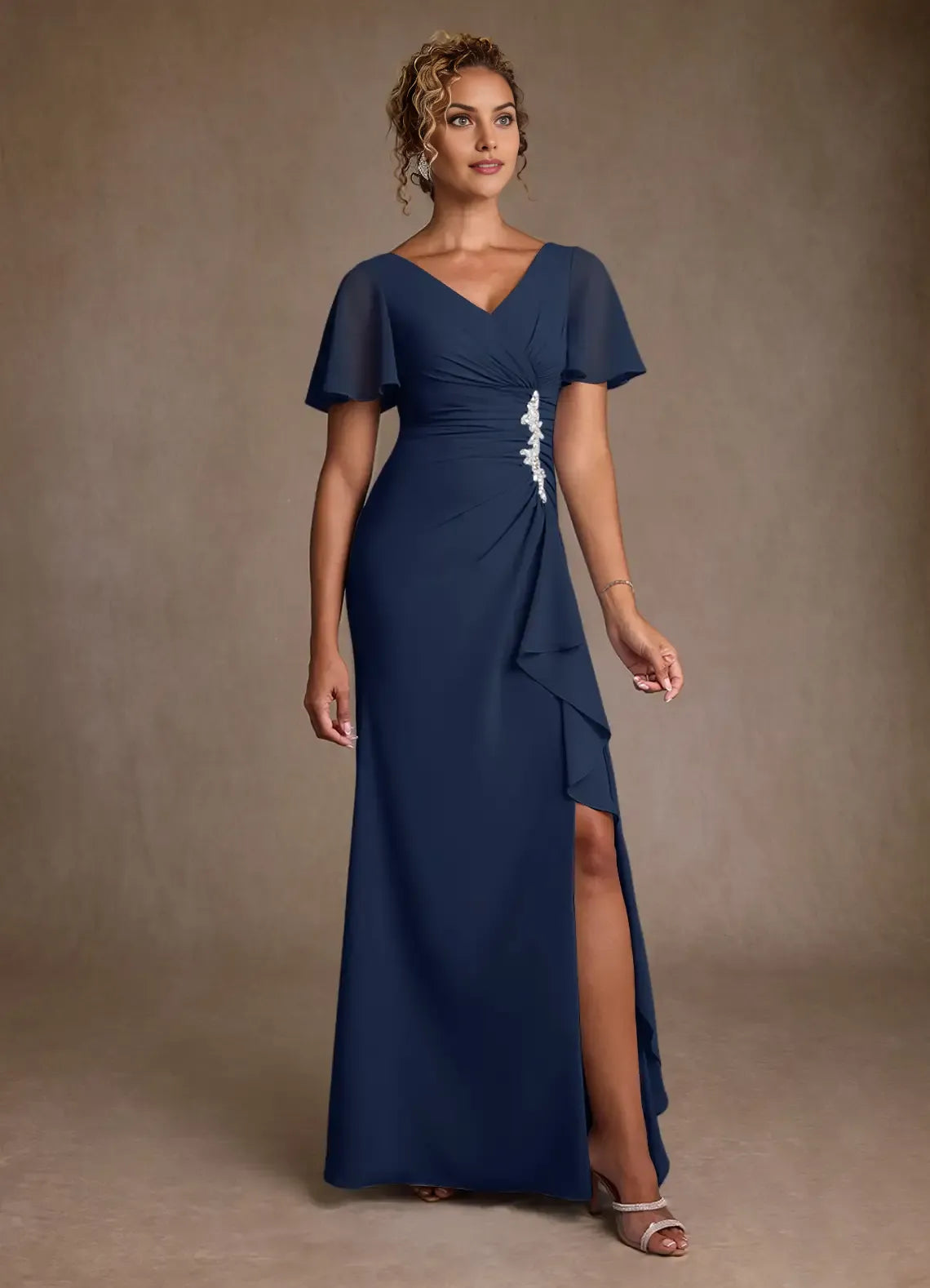 Navy Dark A-Line V-Neck Bell-Sleeve Pleated Back Zip High-Slit Floor-Length Mother of the Bride Dress