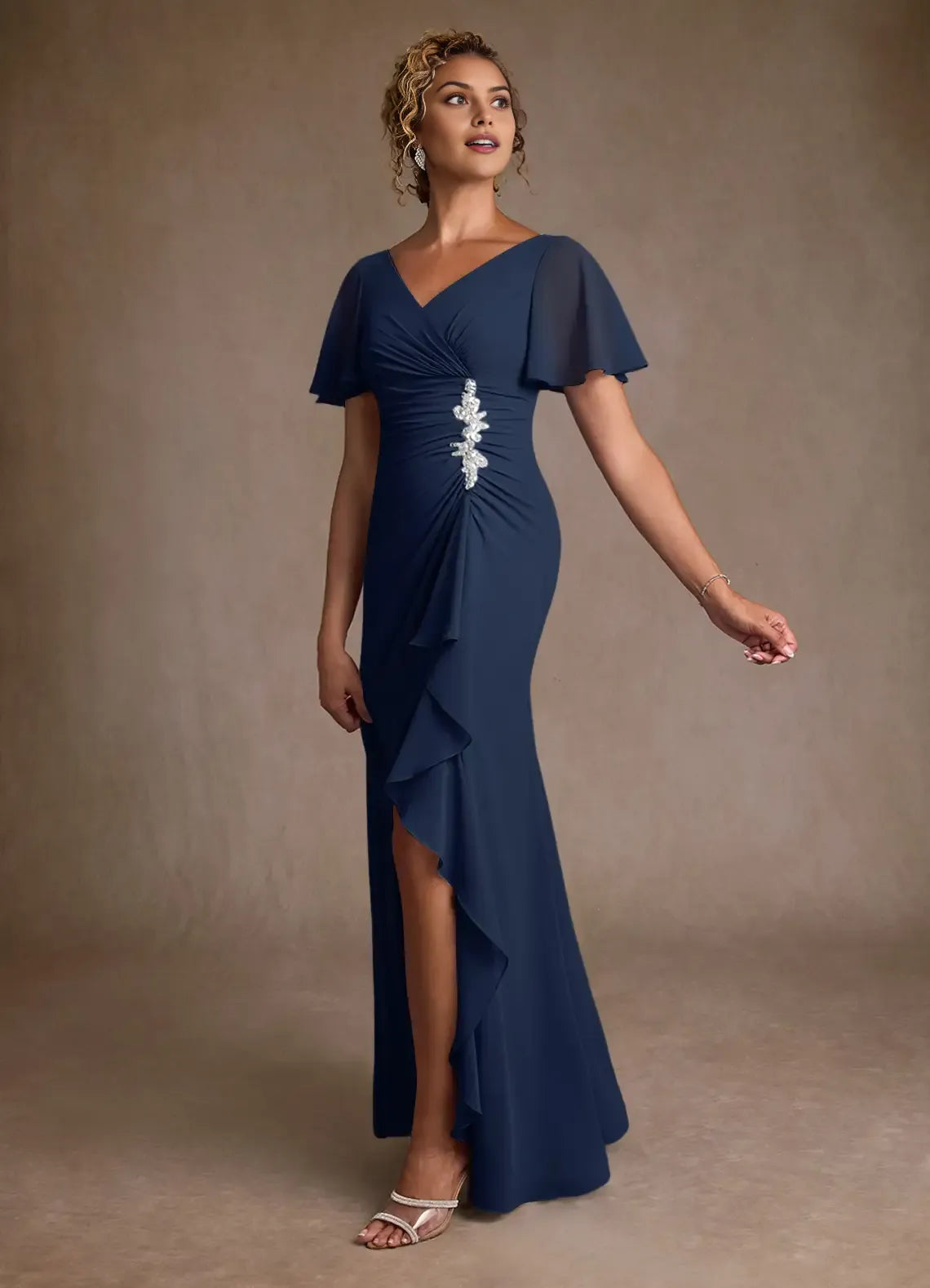 Navy Dark A-Line V-Neck Bell-Sleeve Pleated Back Zip High-Slit Floor-Length Mother of the Bride Dress