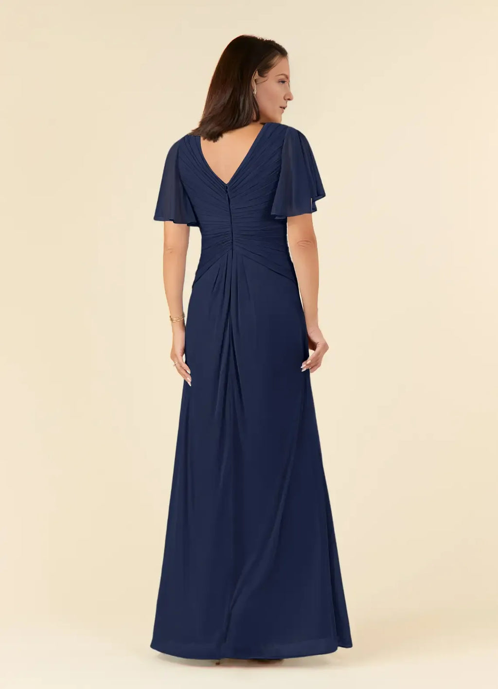 Navy Dark A-Line V-Neck Flutter-Sleeve Ruched V Back Back Zip Floor-Length Mother of the Bride Dress