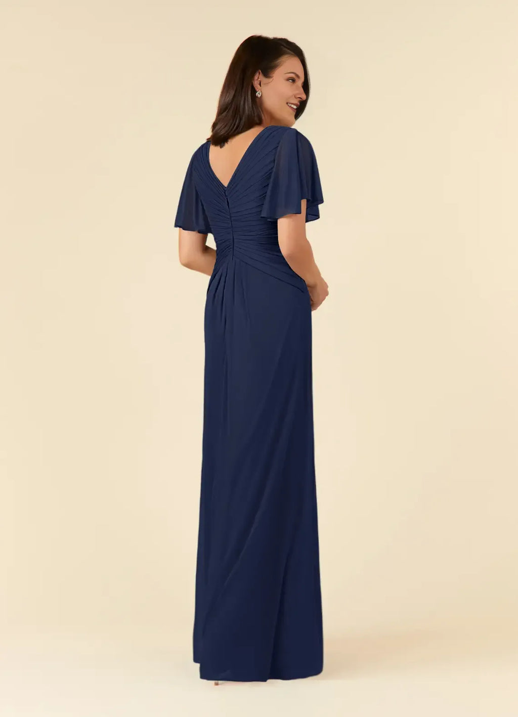 Navy Dark A-Line V-Neck Flutter-Sleeve Ruched V Back Back Zip Floor-Length Mother of the Bride Dress