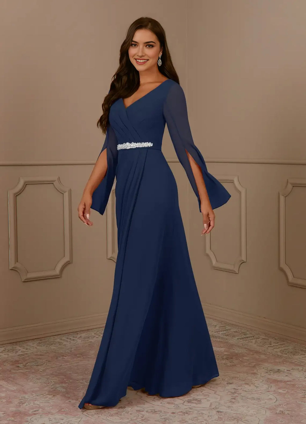 Navy Dark A-Line V-Neck Pleated Mother of the Bride Dress V - Neck Sheer Bell Sleeves Waistband Flowy Floor Length Skirt