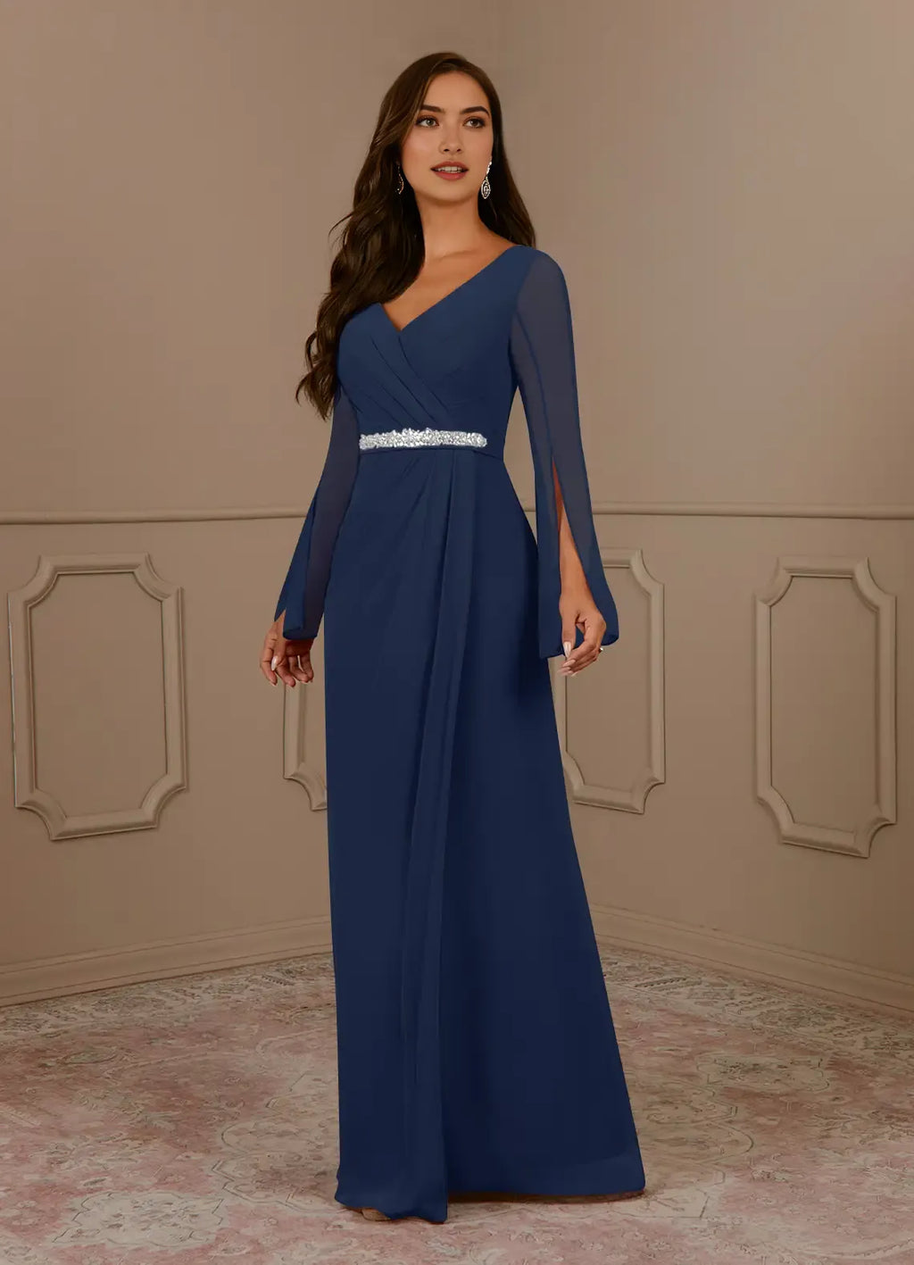 Navy Dark A-Line V-Neck Pleated Mother of the Bride Dress V - Neck Sheer Bell Sleeves Waistband Flowy Floor Length Skirt