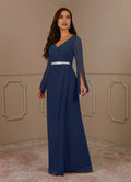 Navy Dark A-Line V-Neck Pleated Mother of the Bride Dress V - Neck Sheer Bell Sleeves Waistband Flowy Floor Length Skirt