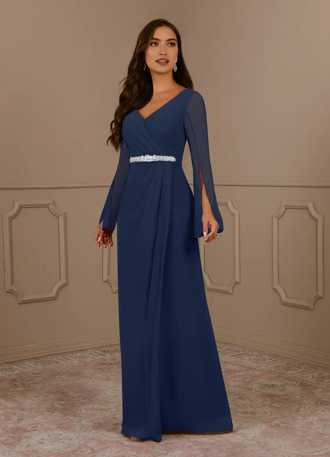 Navy Dark A-Line V-Neck Pleated Mother of the Bride Dress V - Neck Sheer Bell Sleeves Waistband Flowy Floor Length Skirt