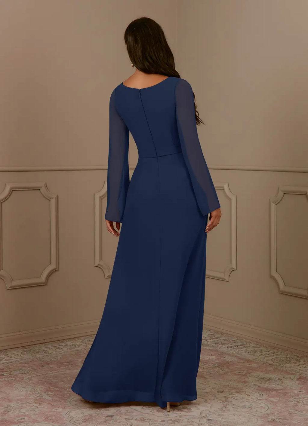 Navy Dark A-Line V-Neck Pleated Mother of the Bride Dress V - Neck Sheer Bell Sleeves Waistband Flowy Floor Length Skirt