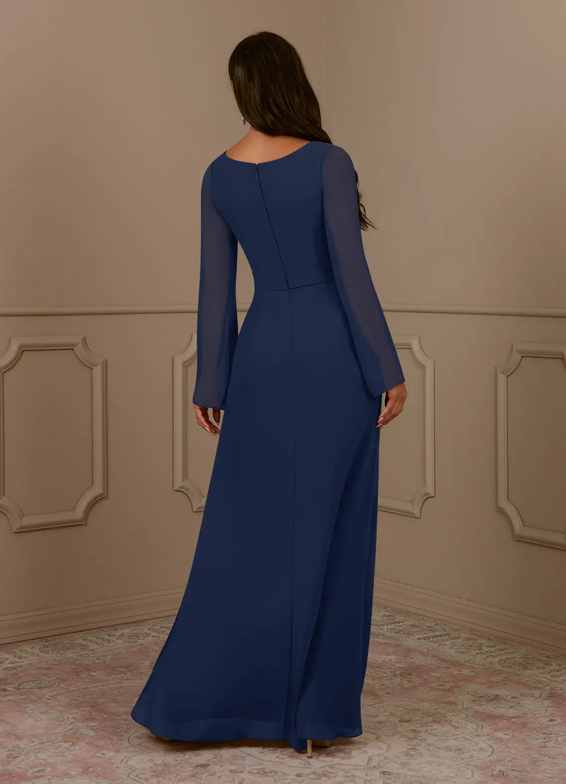 Navy Dark A-Line V-Neck Pleated Mother of the Bride Dress V - Neck Sheer Bell Sleeves Waistband Flowy Floor Length Skirt