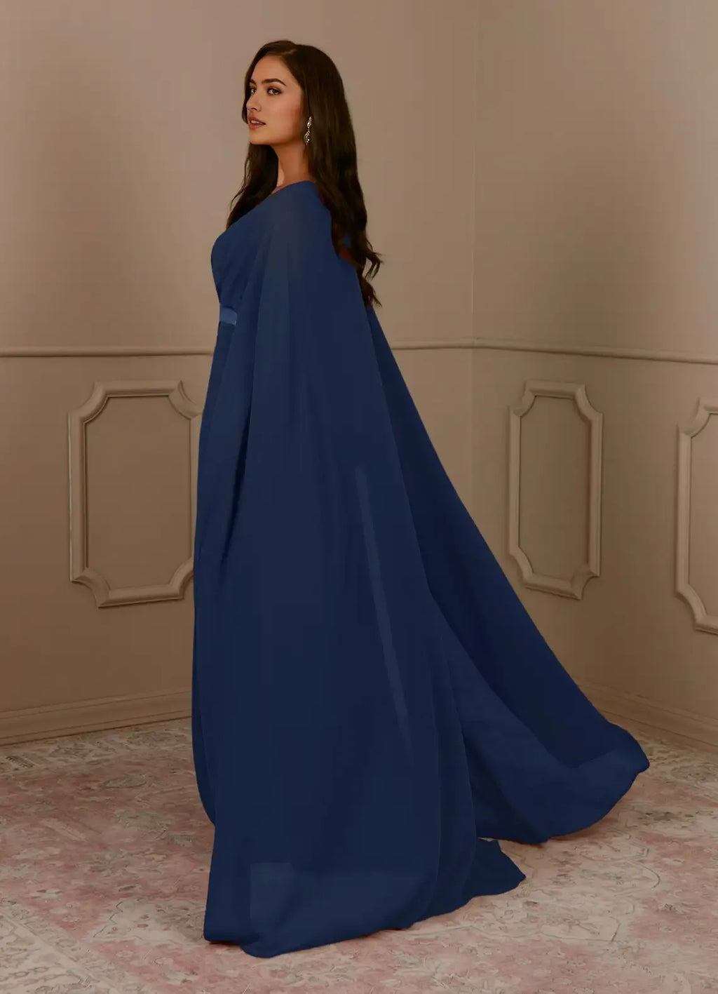 Navy Dark A-Line V-Neck Pleated Mother of the Bride Dress with V - Neck Cape Sash Detai
