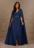 Navy Dark A-Line V-Neck Pleated Mother of the Bride Dress with V - Neck Cape Sash Detai