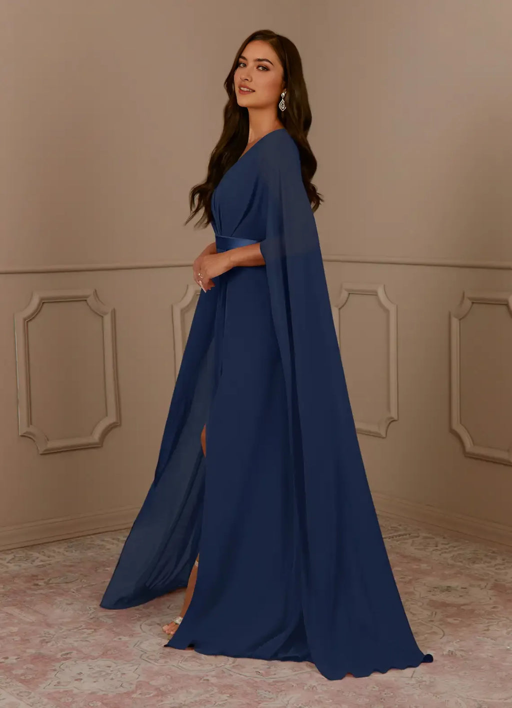 Navy Dark A-Line V-Neck Pleated Mother of the Bride Dress with V - Neck Cape Sash Detai