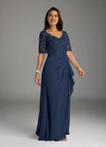 Navy Dark A-Line V-Neck short sleeves Mother of the Bride Dresses Bodice