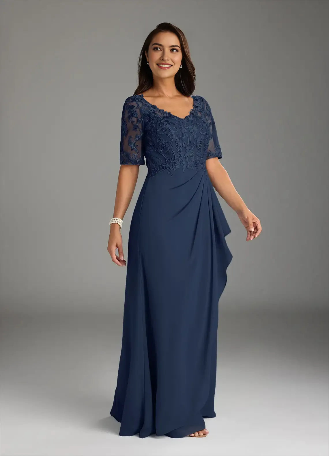 Navy Dark A-Line V-Neck short sleeves Mother of the Bride Dresses Bodice