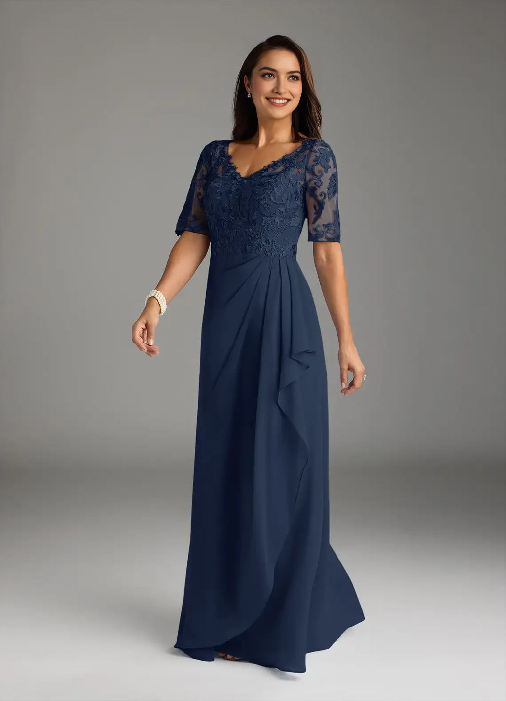 Navy Dark A-Line V-Neck short sleeves Mother of the Bride Dresses Bodice
