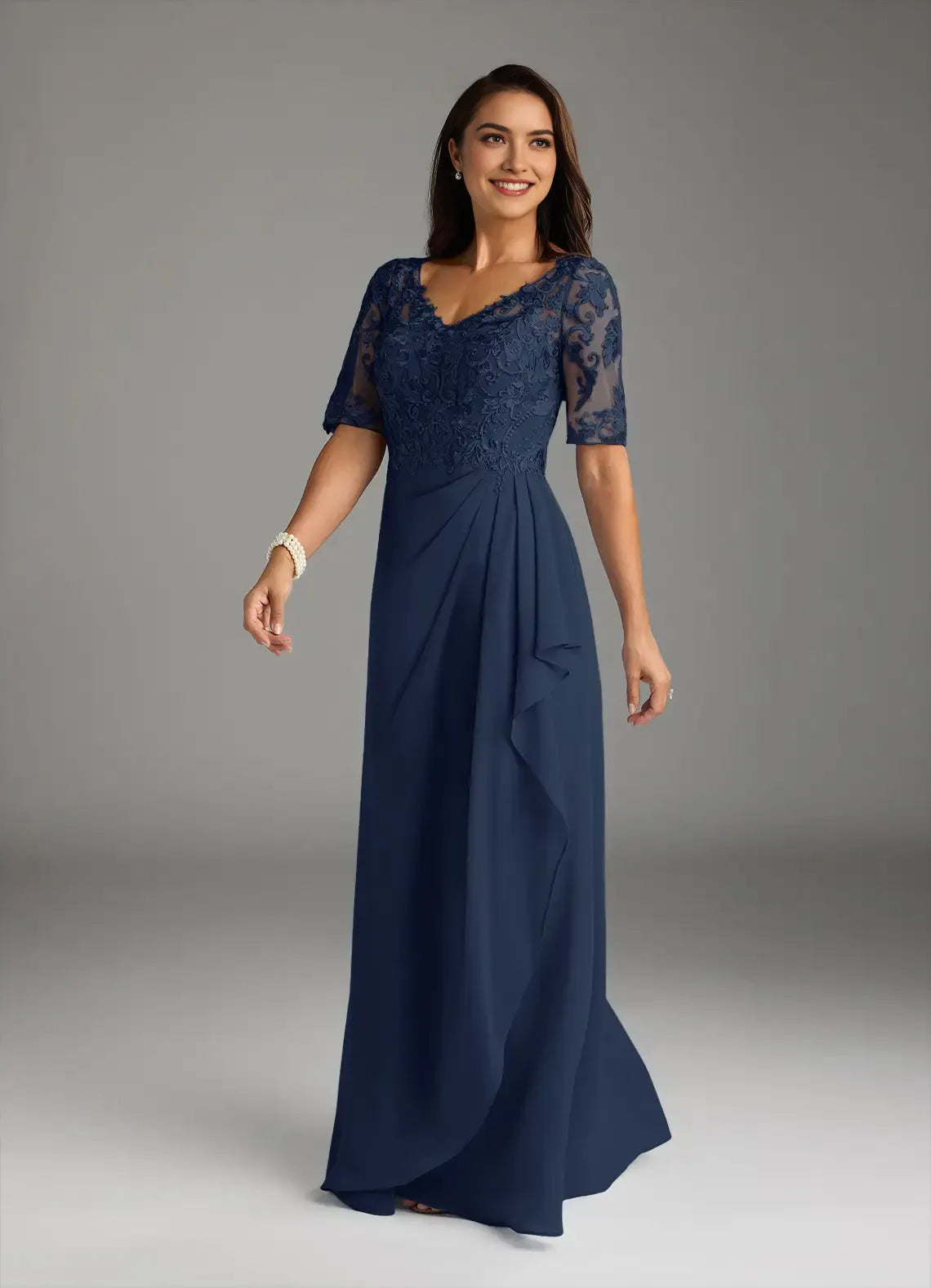 Navy Dark A-Line V-Neck short sleeves Mother of the Bride Dresses Bodice