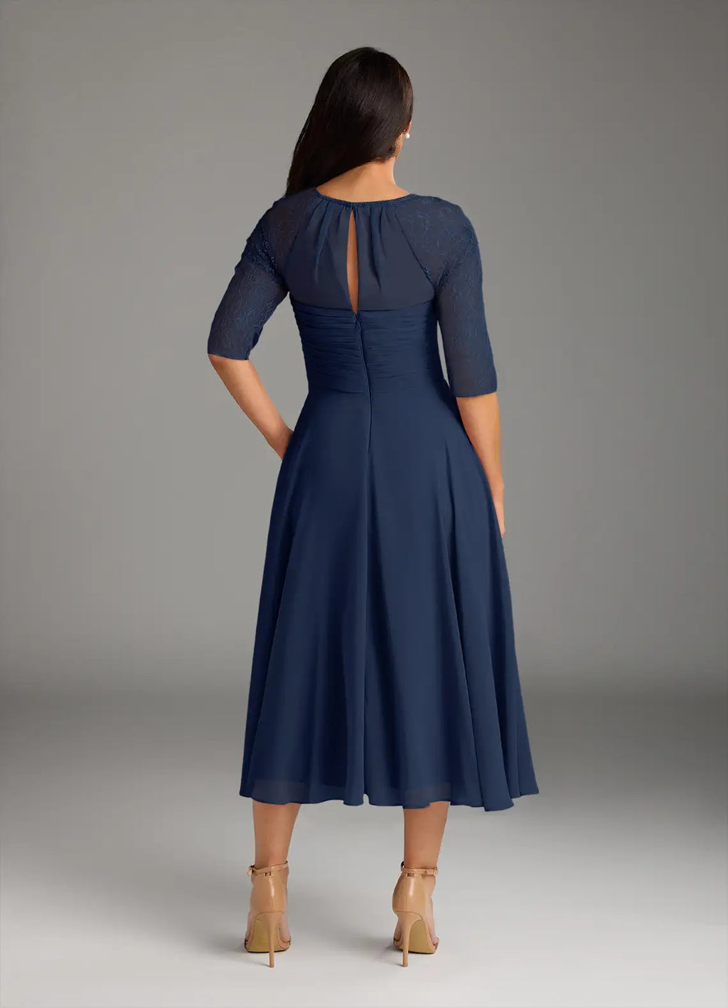 Navy Dark A-Line Mother of the Bride Dress Round Neckline Sheer 3/4 Sleeves Draped Ruched Detailing