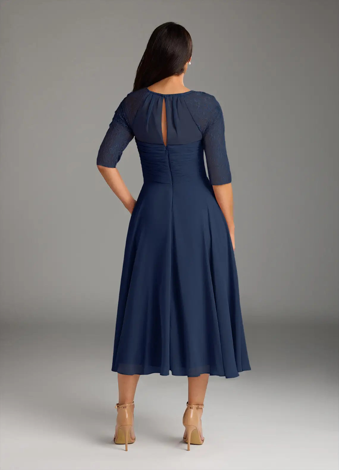 Navy Dark A-Line Mother of the Bride Dress Round Neckline Sheer 3/4 Sleeves Draped Ruched Detailing