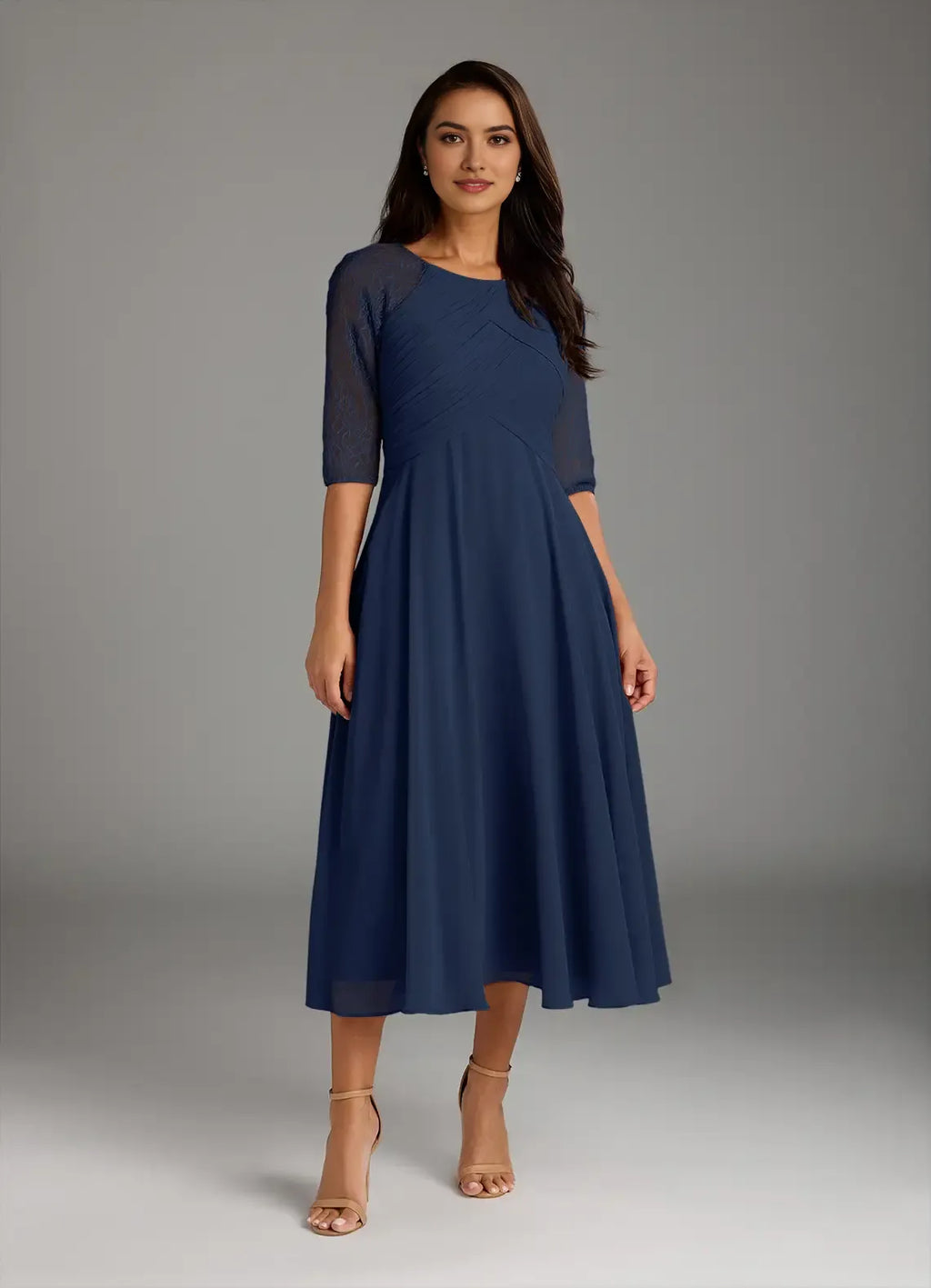 Navy Dark A-Line Mother of the Bride Dress Round Neckline Sheer 3/4 Sleeves Draped Ruched Detailing