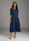 Navy Dark A-Line Mother of the Bride Dress Round Neckline Sheer 3/4 Sleeves Draped Ruched Detailing